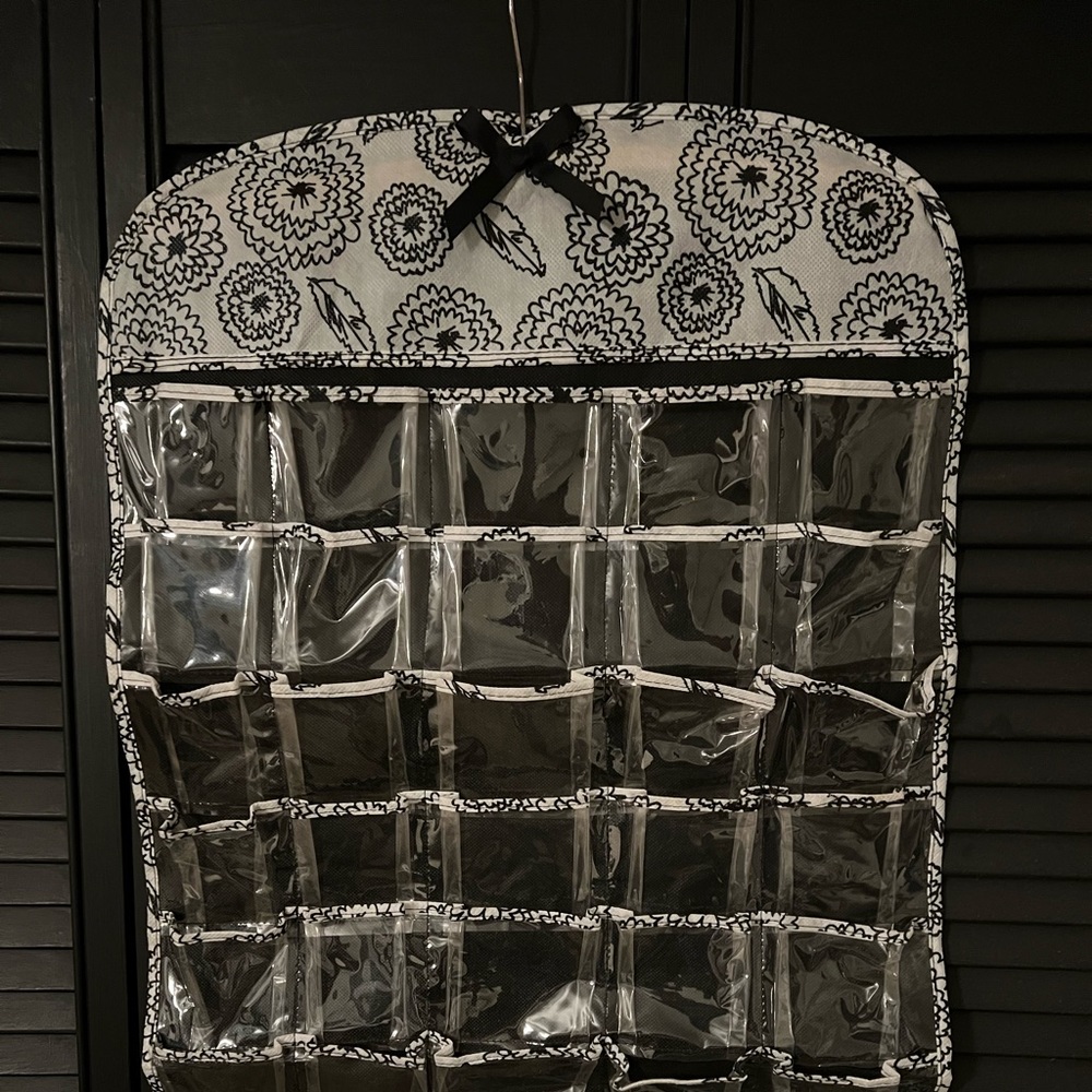 Hanging jewelry organizer.